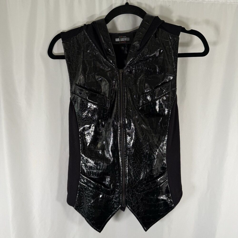 New Karl Lagerfeld Hoodie Vest Womens XS Black Faux Lather Full Zip Sleeveless